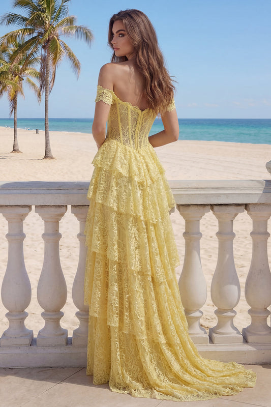 A-Line Yellow Lace Off the Shoulder Corset Tiered Long Prom Dress with Slit