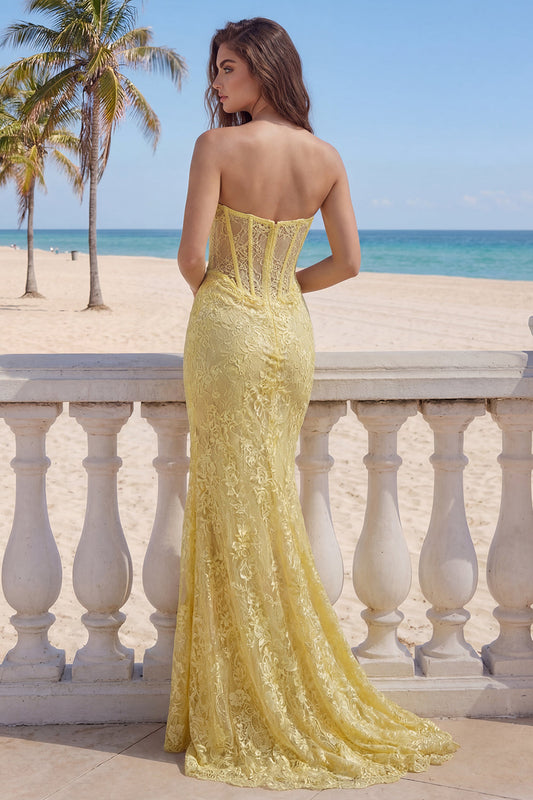 Lace Mermaid Yellow Sweetheart Corset Long Prom Dress with Slit