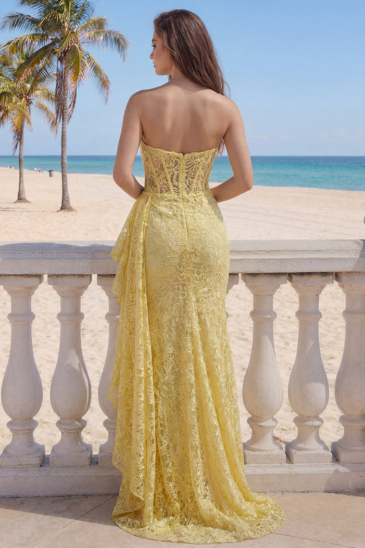 Yellow Lace Mermaid Strapless Ruched Corset Ruffled Long Prom Dress with Slit
