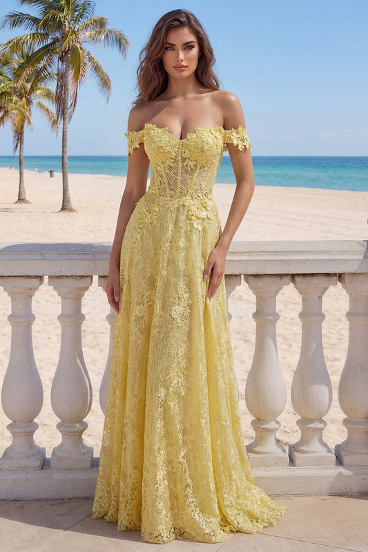Off the Shoulder Yellow Lace A-Line Corset Appliqued Long Prom Dress