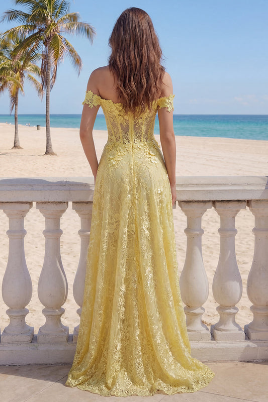 Off the Shoulder Yellow Lace A-Line Corset Appliqued Long Prom Dress