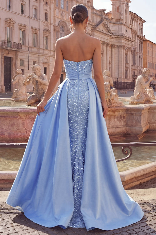 Blue Satin Mermaid Sweetheart Ruched Pearl Embellished Long Prom Dress with Beading