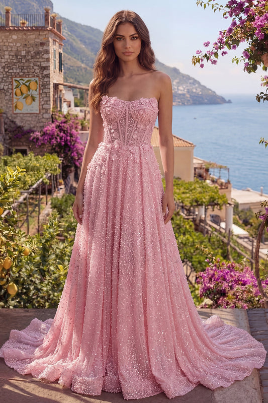 Robe longue de bal de promo évasée rose avec perles, bustier sans bretelles et applications de sequins et fleurs 3D