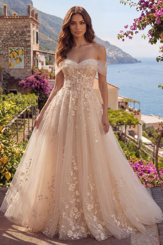 Champagne A-Line Off-the-Shoulder Corset Appliqued Long Prom Dress