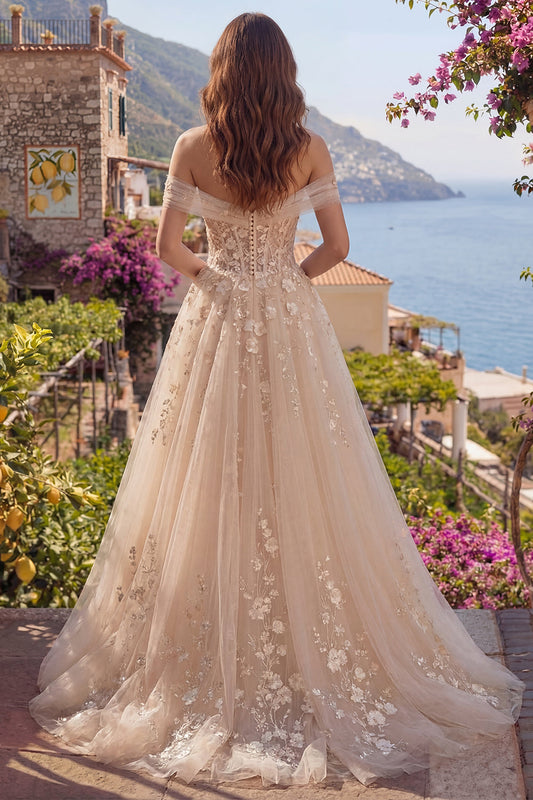 Champagne A-Line Off-the-Shoulder Corset Appliqued Long Prom Dress