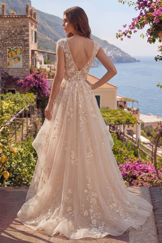 Champagne A-Line Backless Ruffle Long Prom Dress with Appliques