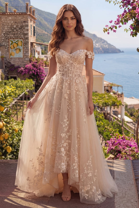 Off-the-Shoulder Champagne A-Line Corset Long Prom Dress with Appliques