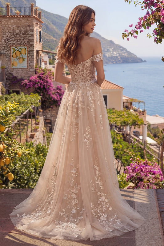 Off-the-Shoulder Champagne A-Line Corset Long Prom Dress with Appliques