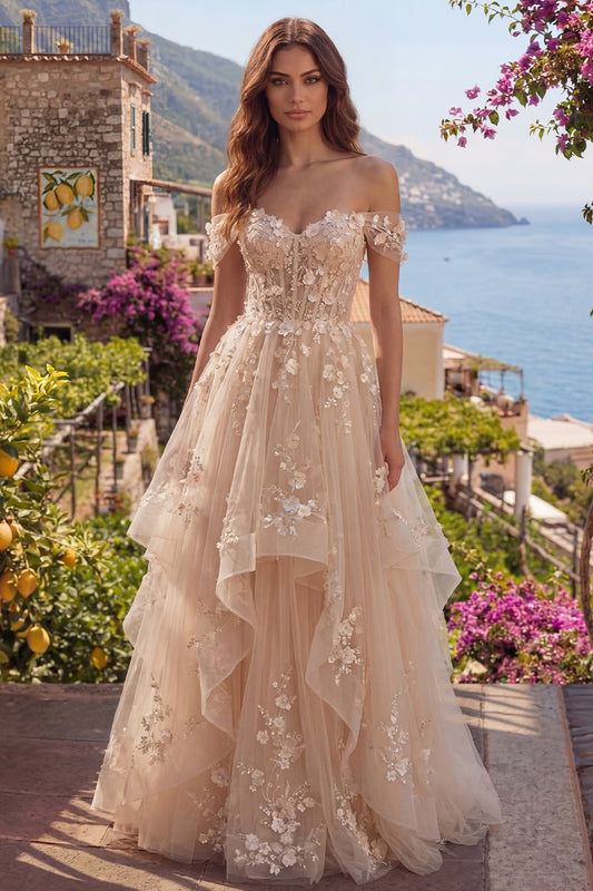 Vestido de fiesta largo de corsé floral con volantes, corte A, hombros descubiertos, color champán
