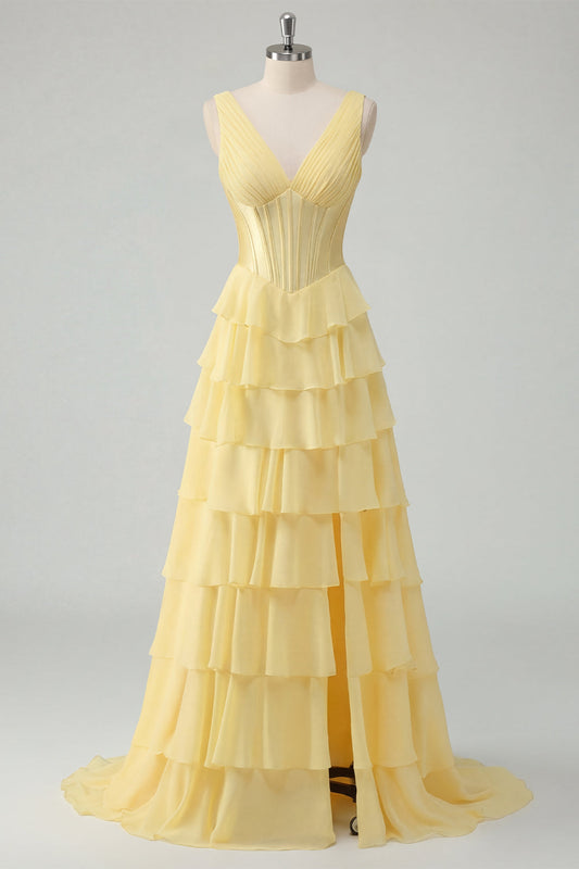 Butter Yellow Chiffon A-Line V-Neck Corset Tiered Ruched Maxi Dress with Slit