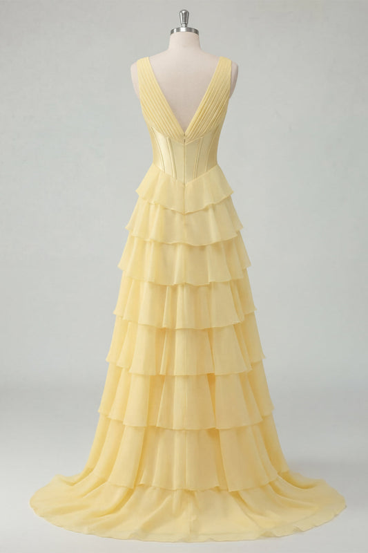 Butter Yellow Chiffon A-Line V-Neck Corset Tiered Ruched Maxi Dress with Slit