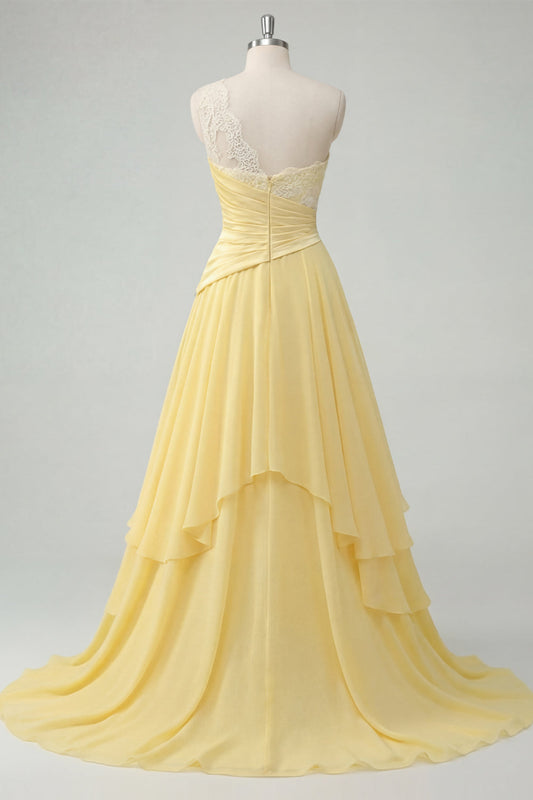Chiffon Butter Yellow A-Line One Shoulder Ruched Maxi Dress