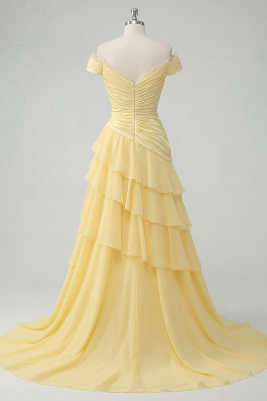 Off the Shoulder Chiffon Butter Yellow A-Line Ruched Tiered Maxi Dress with Slit