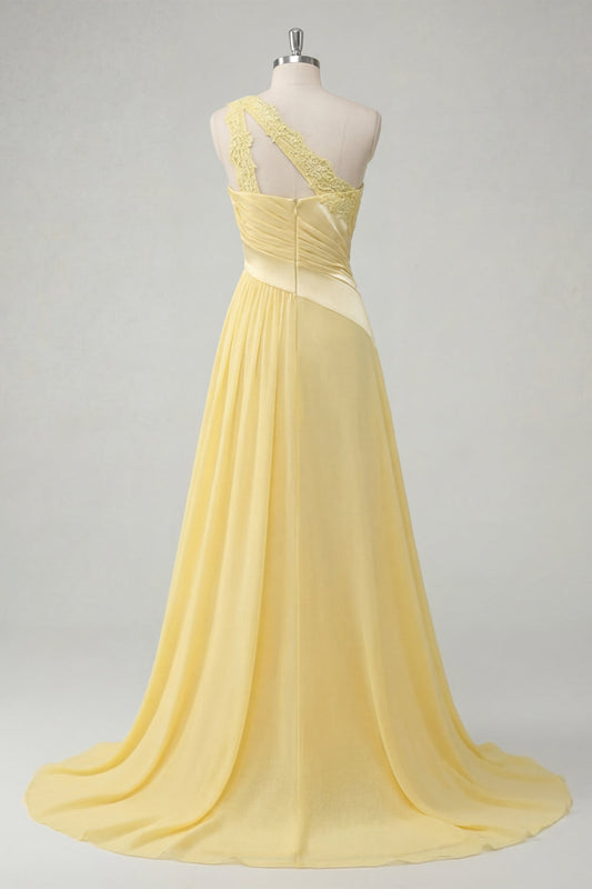 A-Line Chiffon Butter Yellow One Shoulder Ruched Maxi Dress with Slit