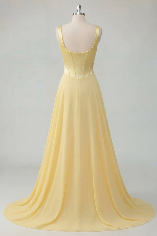 A-Line Butter Yellow Chiffon Square Neck Corset Maxi Dress