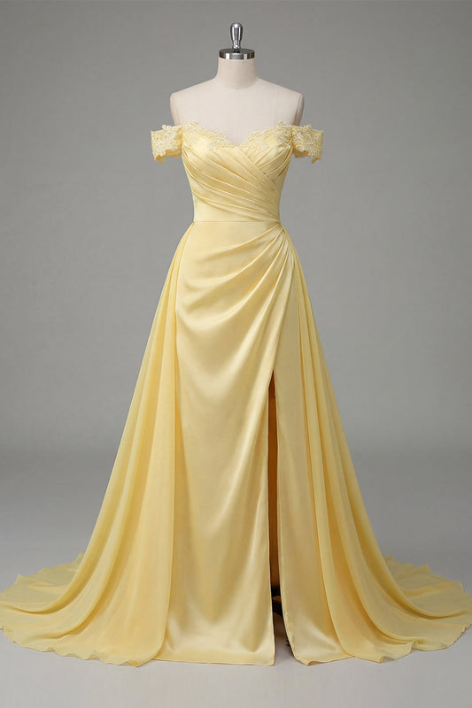Butter Yellow A-Line Off the Shoulder Ruched Maxi Dress with Slit