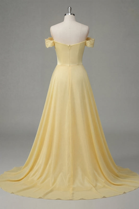 Butter Yellow A-Line Off the Shoulder Ruched Maxi Dress with Slit