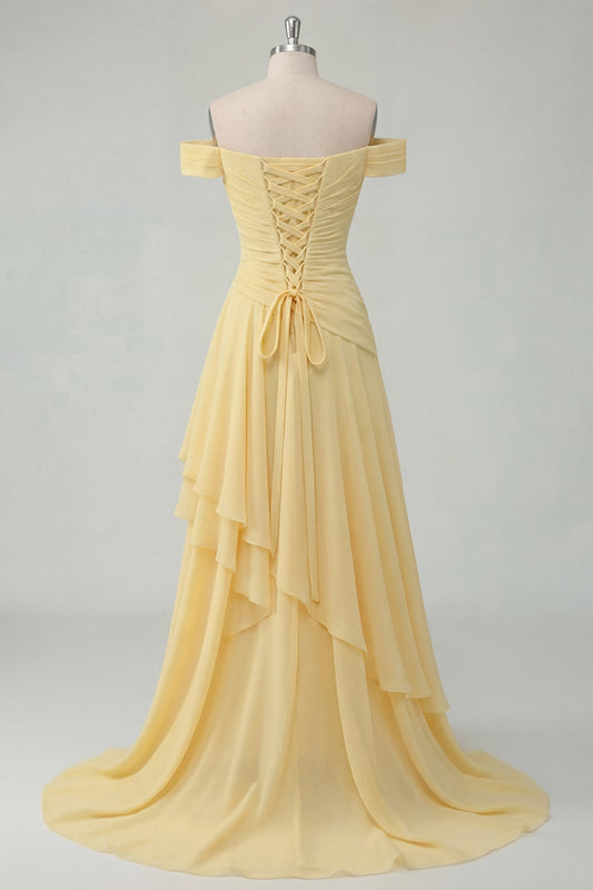 Off the Shoulder Chiffon Butter Yellow A-Line Ruched Maxi Dress with Slit