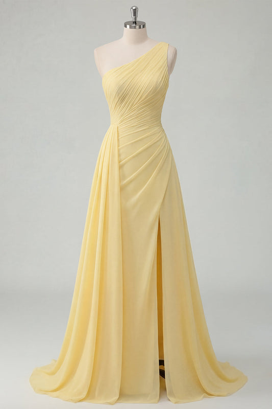 Butter Yellow A-Line One Shoulder Chiffon Ruched Maxi Dress with Slit