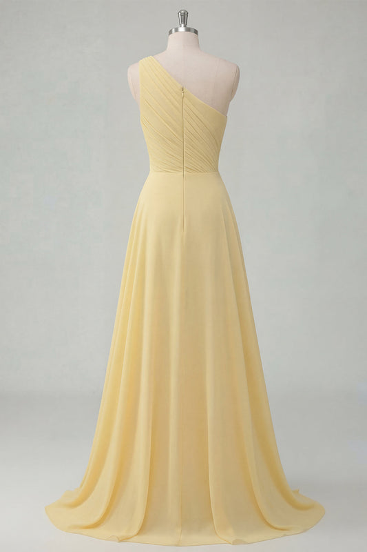 Butter Yellow A-Line One Shoulder Chiffon Ruched Maxi Dress with Slit