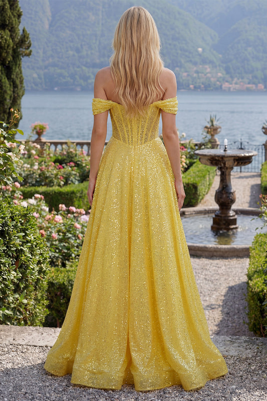 Sparkly A-Line Yellow Off the Shoulder Corset Sequins Long Prom Dress