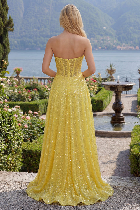 Sparkly Yellow A-Line Sweetheart Corset Sequins Long Prom Dress with Slit