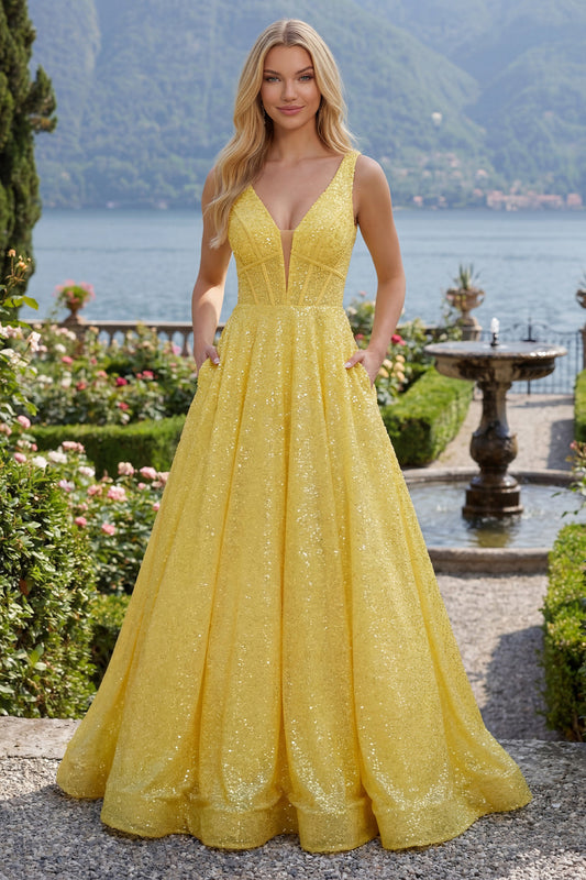 Sparkly Yellow A-Line Corset V-Neck Sequins Long Prom Dress with Pockets