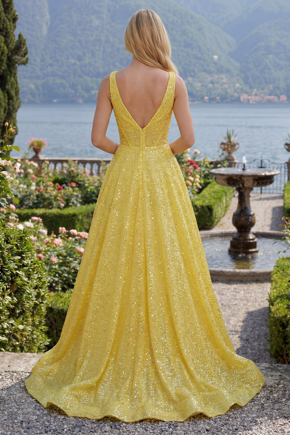 Sparkly Yellow A-Line Corset V-Neck Sequins Long Prom Dress with Pockets