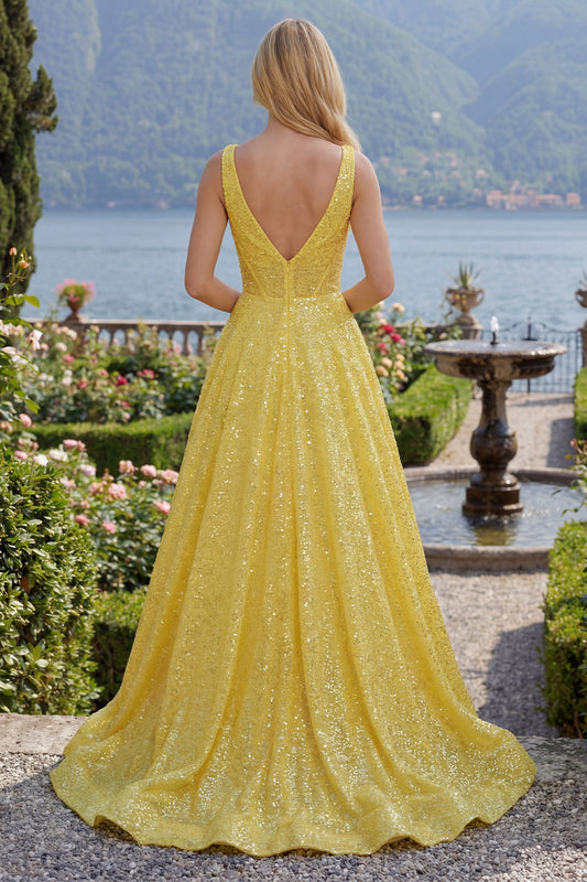 Sparkly Yellow A-Line Corset V-Neck Sequins Long Prom Dress with Pockets