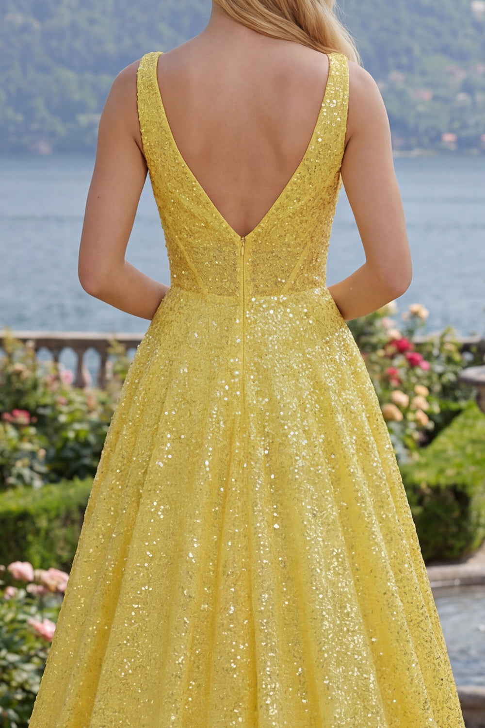 Sparkly Yellow A-Line Corset V-Neck Sequins Long Prom Dress with Pockets