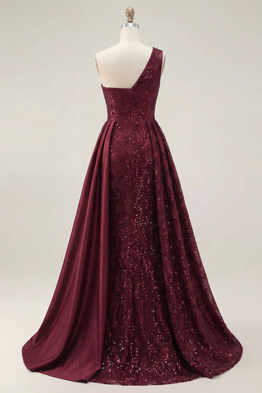 Sparkly Burgundy A-Line One-Shoulder Sequined Long Prom Dress with Slit