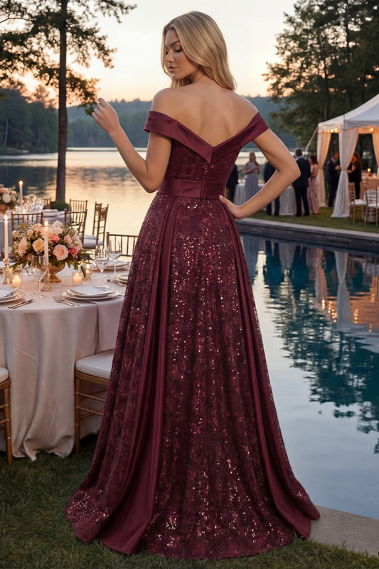 Sparkly Off-the-Shoulder Burgundy A-Line Sequined Long Prom Dress