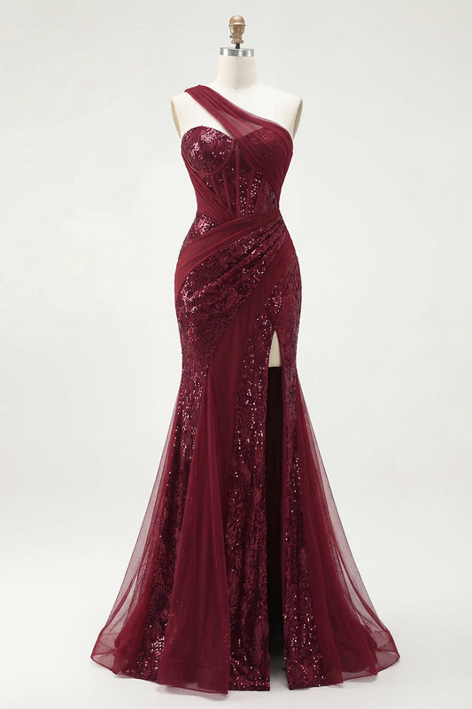 Sparkly One Shoulder Burgundy Mermaid Sequins Long Prom Dress with Slit