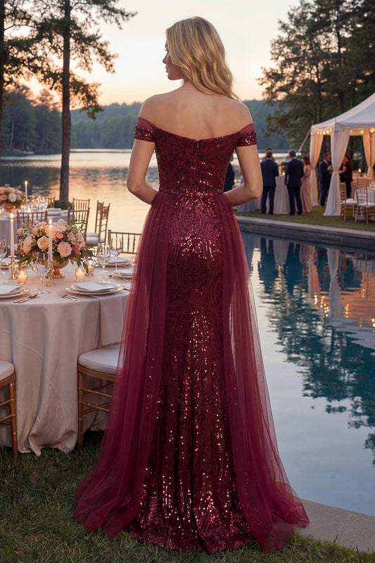 Sparkly A-Line Off-the-Shoulder Burgundy Sequin Long Prom Dress