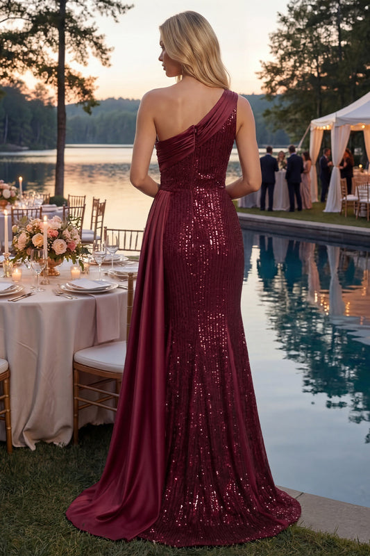 Sparkly Burgundy Mermaid One Shoulder Sequins Long Prom Dress with Slit