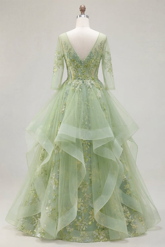 Robe de soirée longue verte, ligne A, corset, col en V, appliqués et volants