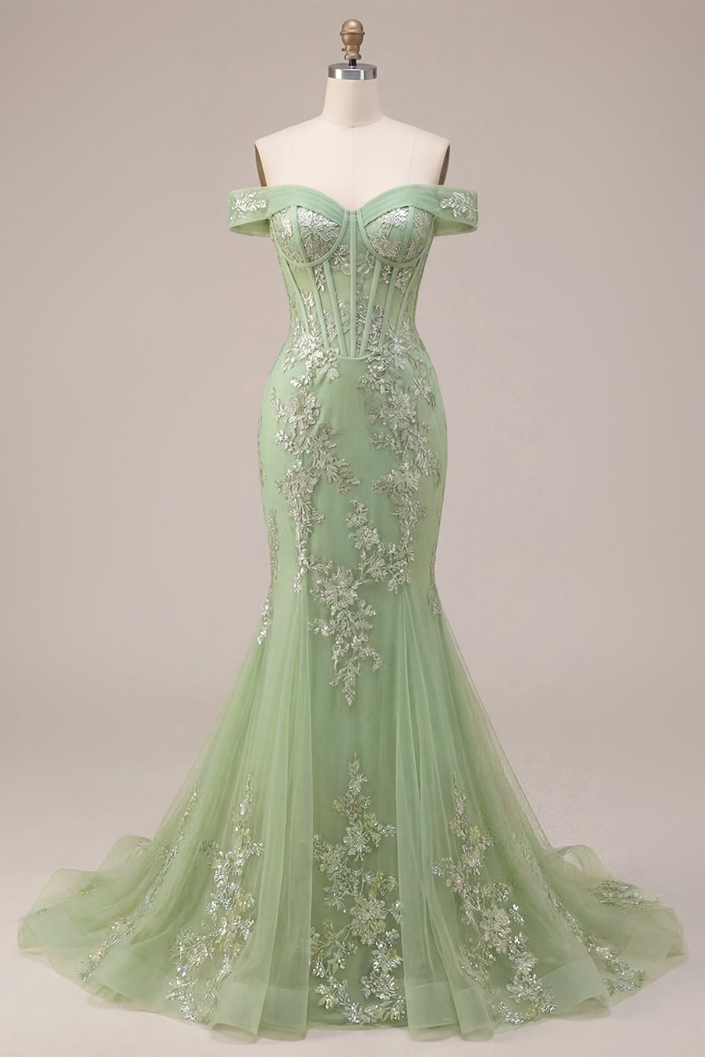 Mermaid Green Off the Shoulder Corset Appliqued Long Prom Dress