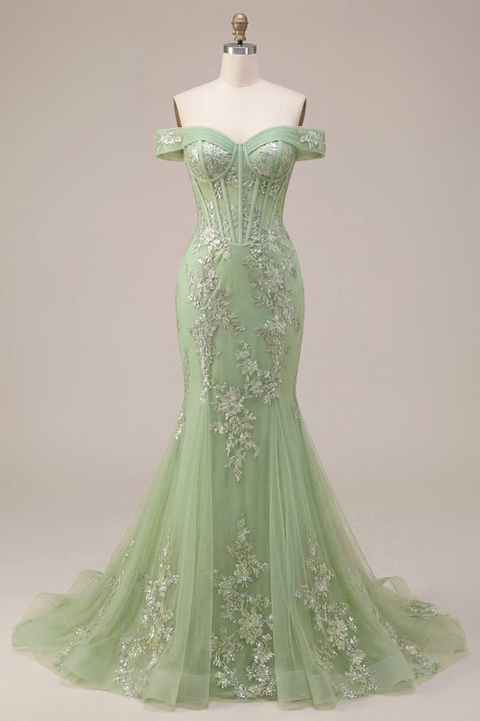 Mermaid Green Off the Shoulder Corset Appliqued Long Prom Dress
