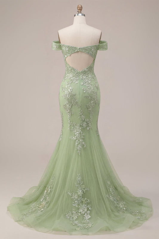 Mermaid Green Off the Shoulder Corset Appliqued Long Prom Dress