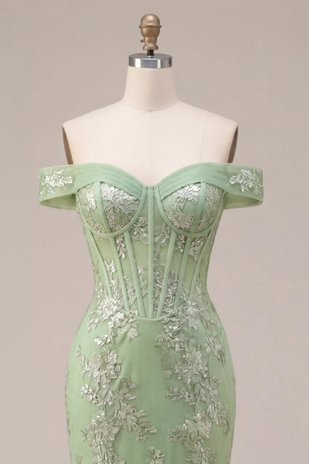 Mermaid Green Off the Shoulder Corset Appliqued Long Prom Dress