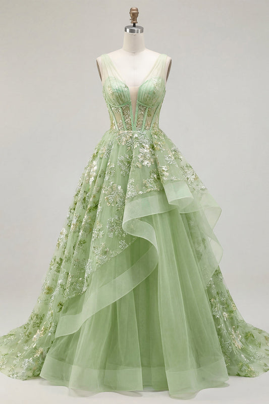 Green A-Line Corset V-Neck Appliqued Long Prom Dress with Ruffles