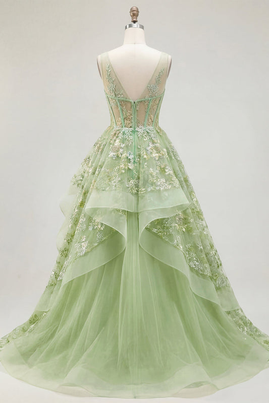 Green A-Line Corset V-Neck Appliqued Long Prom Dress with Ruffles