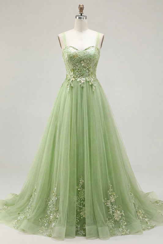 Green A-Line Spaghetti Straps Floral Long Prom Dress with Appliques