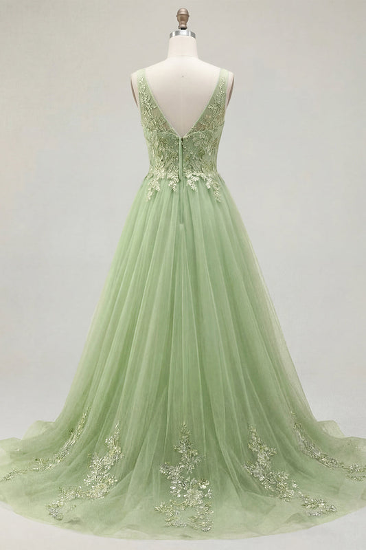 Green A-Line Spaghetti Straps Floral Long Prom Dress with Appliques
