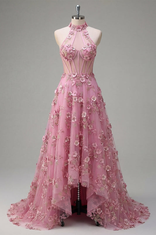 Robe longue de bal Taro coupe évasée à col licou et corset avec fleurs 3D appliquées