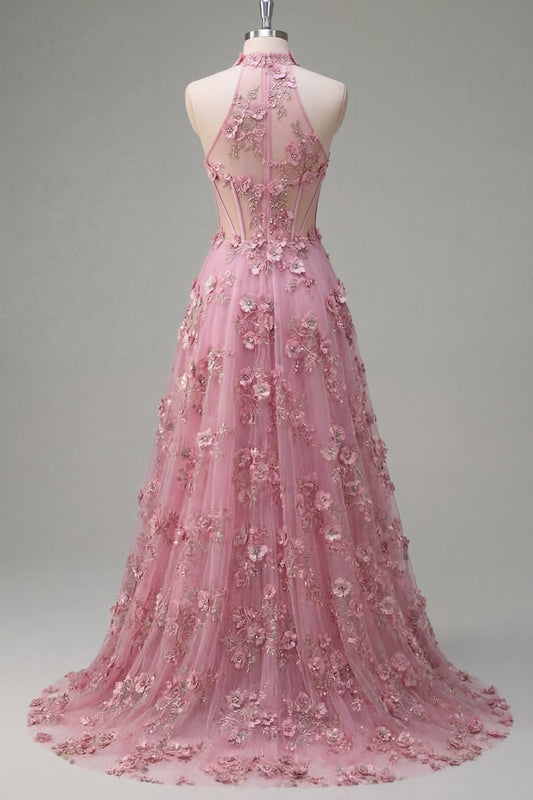 Robe longue de bal Taro coupe évasée à col licou et corset avec fleurs 3D appliquées