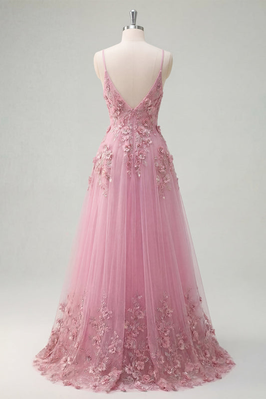 Robe de bal longue évasée à bretelles spaghetti et fleurs 3D appliquées Taro