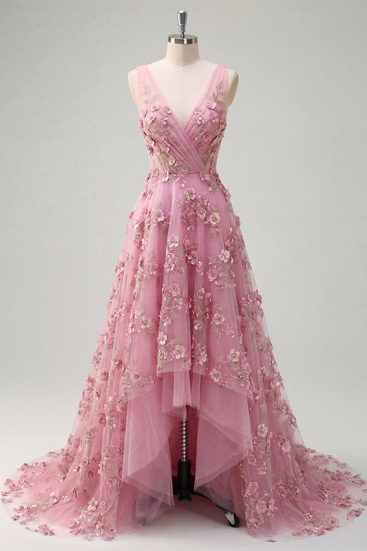 Robe de bal longue évasée taro à encolure en V, ornée de perles et de fleurs 3D appliquées
