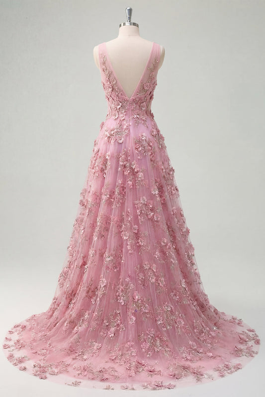 Robe de bal longue évasée taro à encolure en V, ornée de perles et de fleurs 3D appliquées