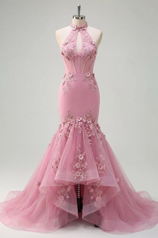 Robe de bal longue sirène Taro avec corset licou orné de perles et fleurs 3D